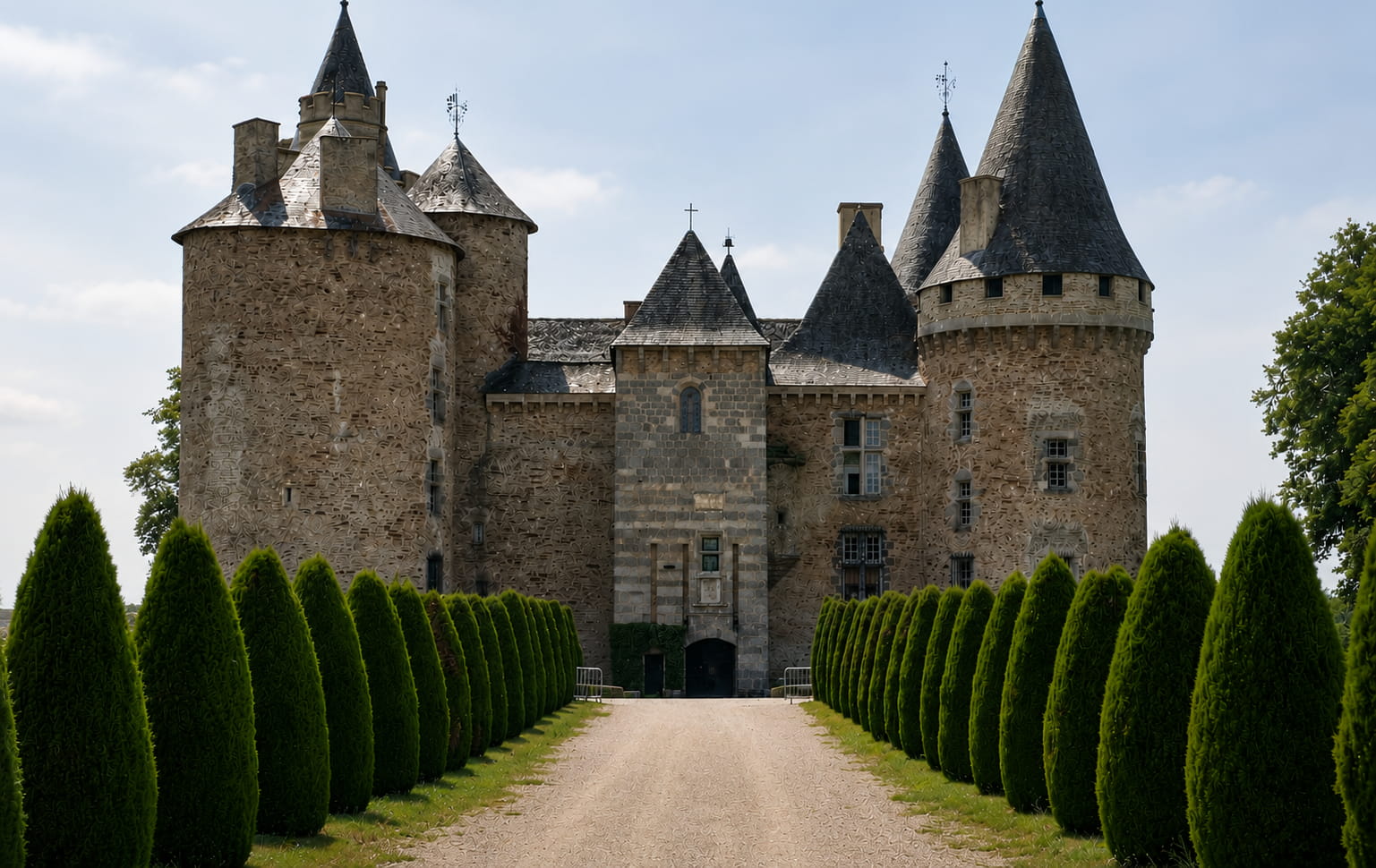 The medieval Château de Bonneval with twin conical towers, approached by a topiary avenue