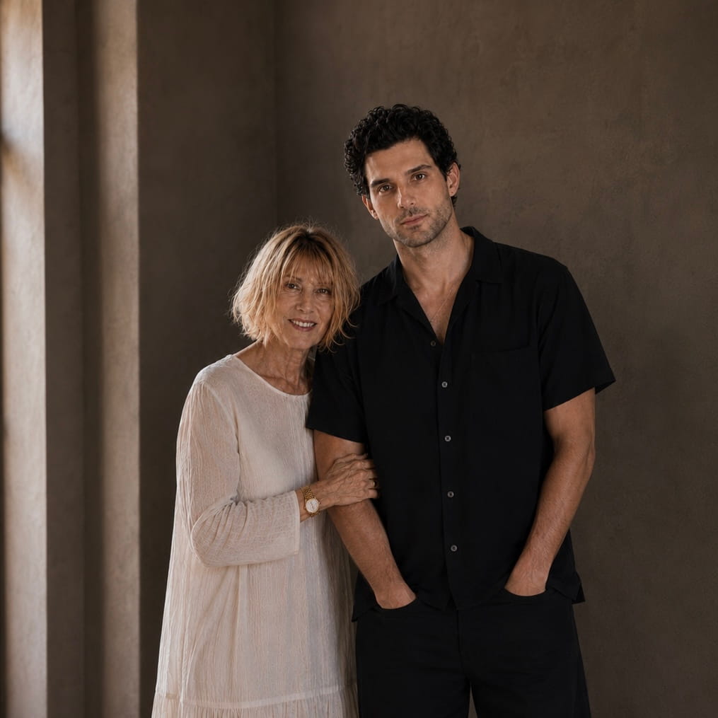 Josiane and Benjamin Lafon at home, before an antique pastoral tapestry
