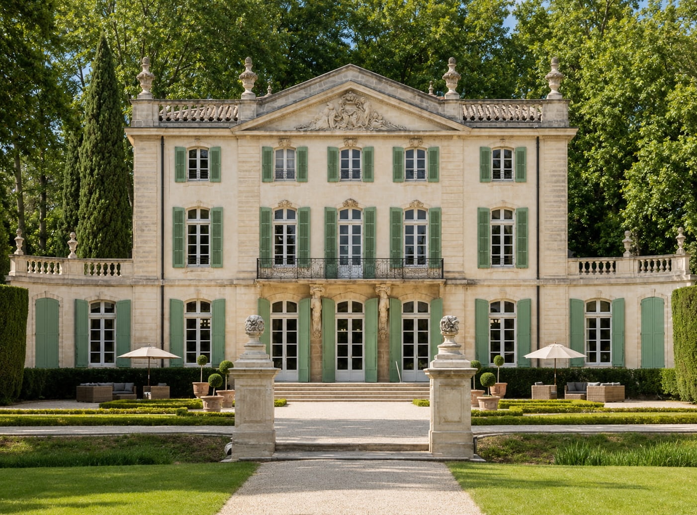 A Provence château with classical façade and green shutters, set in formal gardens
